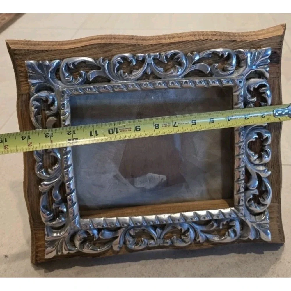 VTG Mex Pewter Wood Picture Frame Hand Carved Rustic Hacienda   Spanish Colonial
